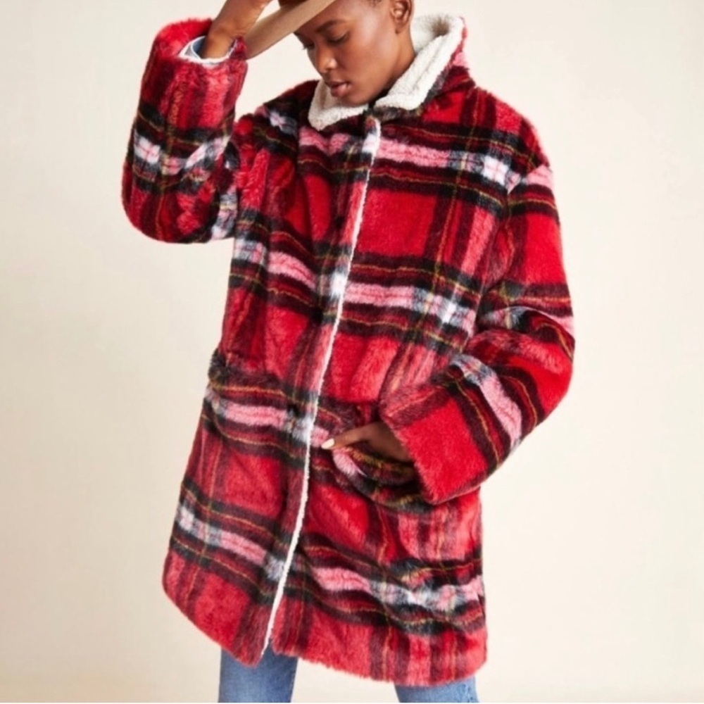 NWOT Anthropologie Sanctuary Sierra Plaid Faux Fur Sherpa Lined Teddy Jacket | S - Picture 3 of 12